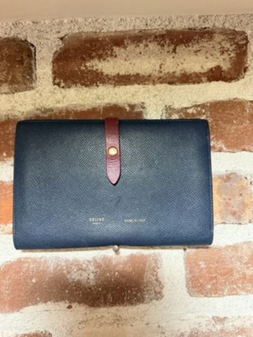 Celine Medium Strap Wallet Bicolor Navy Burgundy Calfskin Leather Long Wallet